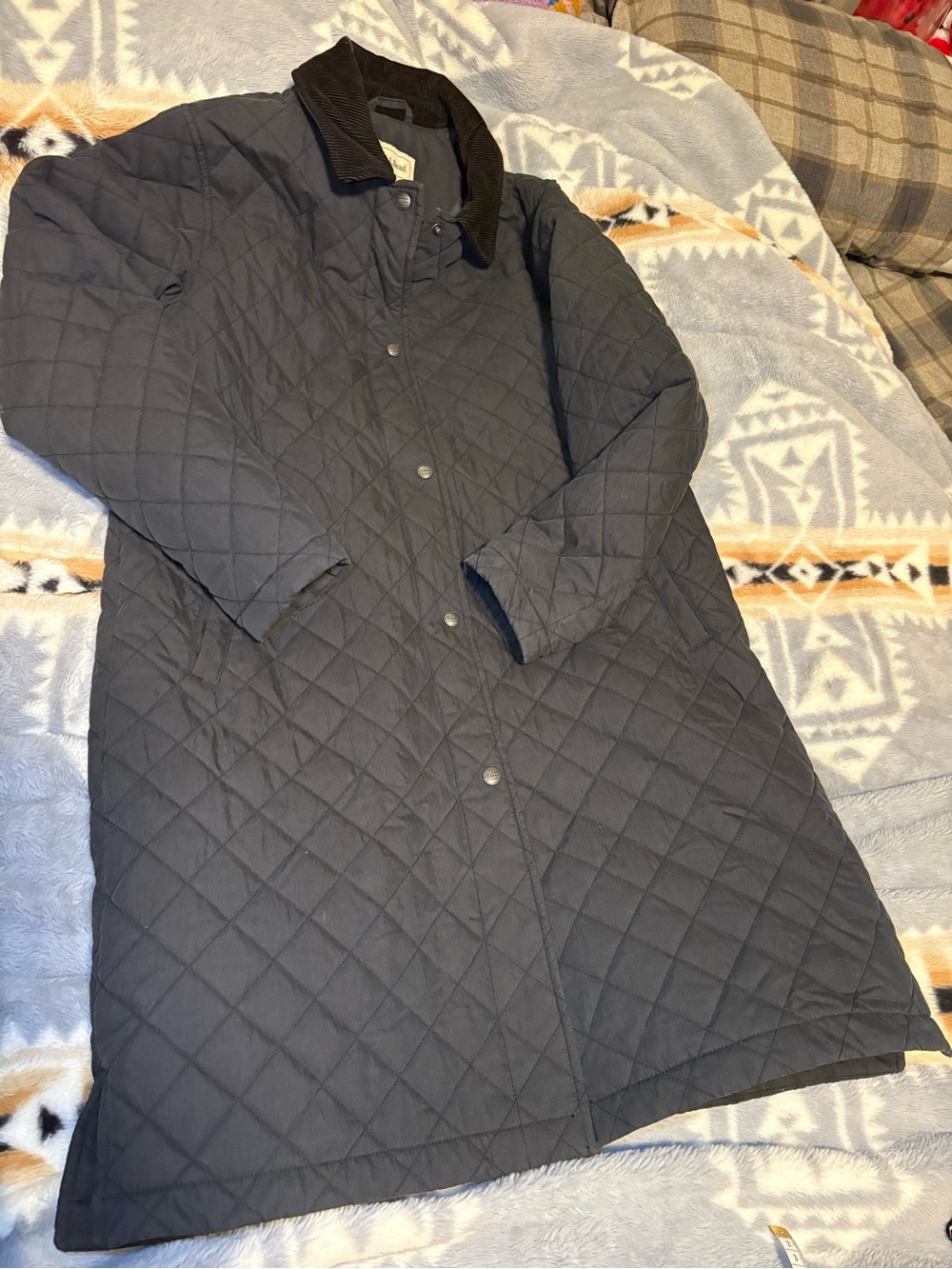 L.L. Bean Quilted Trench Coat in Navy with Dark Corduroy Collar